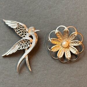 Silver Swallow & Flower Brooch with Pearl Accent